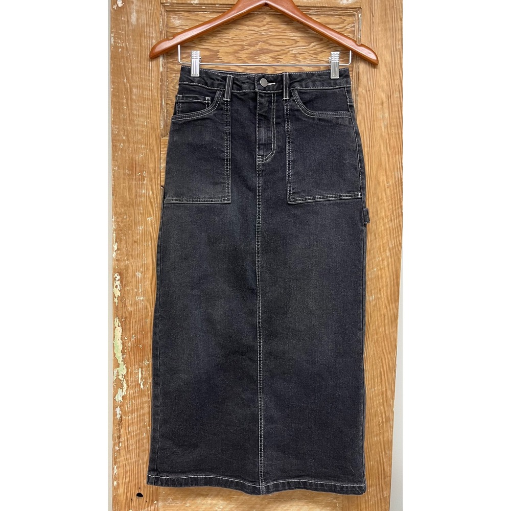 Love Fire 1 Black Denim Midi Skirt Y2K Distressed Cowgirl Rodeo Western Indie